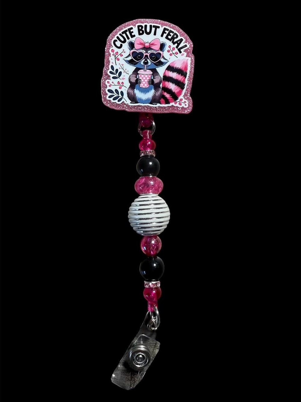 Pink Beaded Badge Reel with Raccoon Graphic
